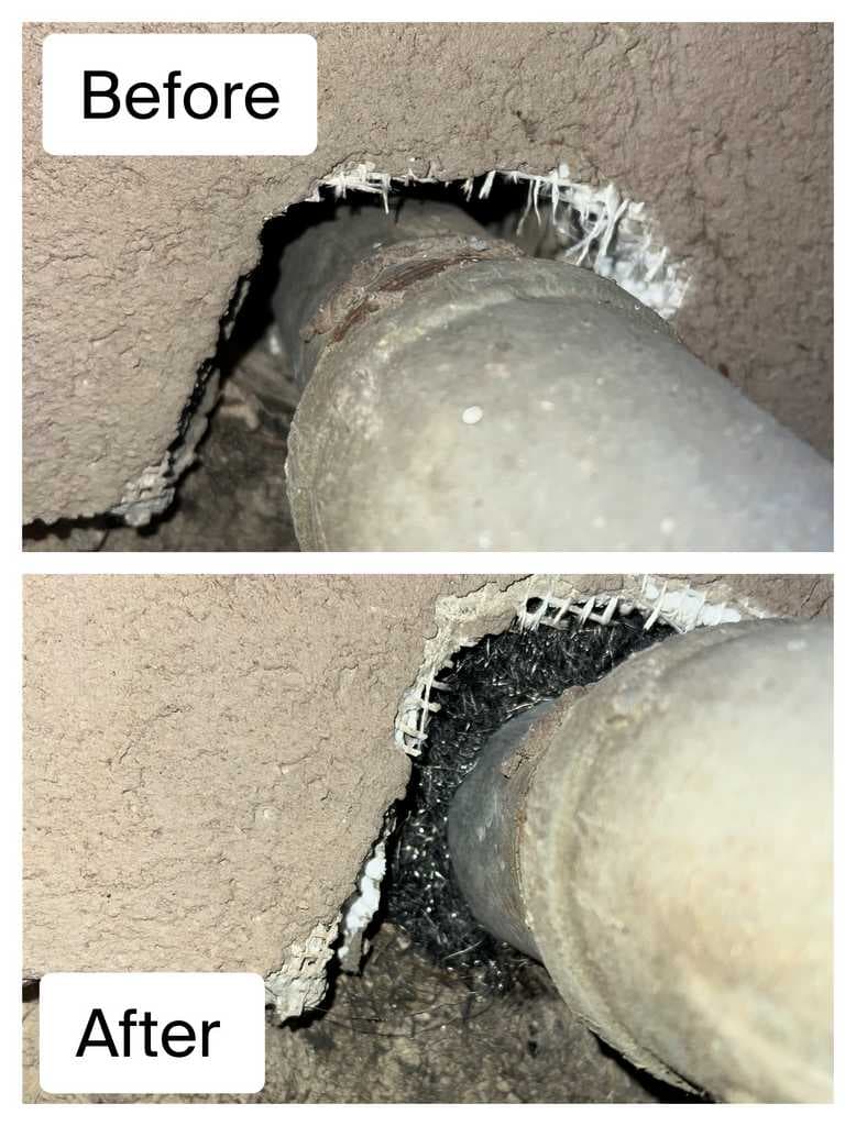 Before and after: gap around a pipe penetration sealed against mice